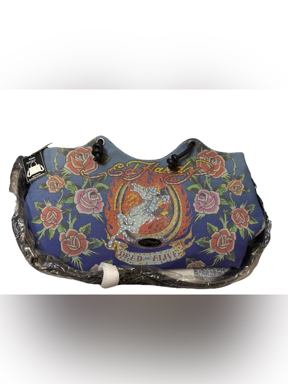 ED HARDY Denim Tote Bag DEAD OR ALIVE Rhinestone Horse Roses NWT READ
